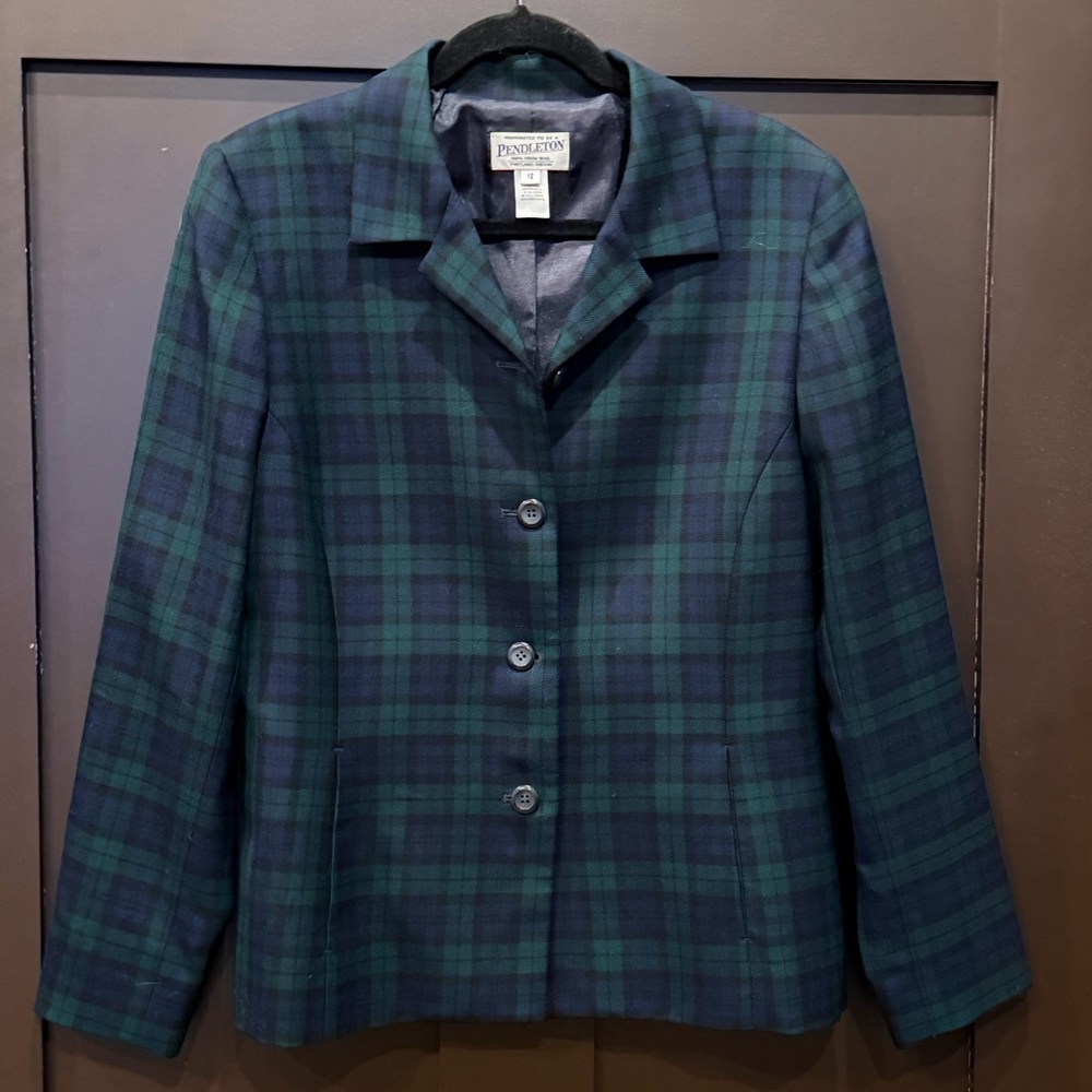 Pendleton Women's Tartan Wool Blazer Navy Green Large